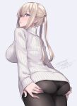  1girl alternate_costume artist_name ass black_legwear blonde_hair blush breasts cowboy_shot dated eyebrows_visible_through_hair graf_zeppelin_(kancolle) grey_background hair_between_eyes highres kantai_collection large_breasts long_hair long_sleeves open_mouth pantyhose purple_eyes rokuwata_tomoe sidelocks simple_background solo sweater twintails twitter_username white_sweater 