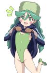  1girl blush_stickers clothes_lift commentary_request cowboy_shot diamond_clan_outfit dress dress_lift flat_chest fur_hat green_eyes green_hair green_leotard green_swimsuit hai_(h81908190) hat hood hooded_dress hoodie leotard leotard_under_clothes long_hair pokemon pokemon_(game) pokemon_legends:_arceus sabi_(pokemon) simple_background solo swimsuit swimsuit_under_clothes thick_eyebrows white_background 