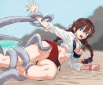  1girl bare_legs bikini blue_eyes braid breasts brown_hair cleavage collared_shirt eyebrows_visible_through_hair front-tie_top furufuru_fugu green_eyes hair_between_eyes highres kantai_collection large_breasts long_hair medium_breasts navel noshiro_(kancolle) open_clothes open_mouth open_shirt red_scrunchie restrained scrunchie shirt side-tie_bikini skirt sleeves_rolled_up slime_(substance) solo swimsuit swimsuit_under_clothes tentacles tied_shirt underwear white_shirt wrist_scrunchie 