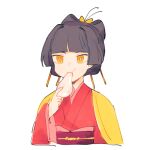  1girl black_hair eating facing_viewer food food_in_mouth hair_ornament hair_ornament_request holding holding_food japanese_clothes kimon_noroi kimono long_sleeves looking_to_the_side nabob pale_skin short_hair solo tower_of_hanoi white_background yellow_eyes 