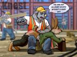  animated animated_png anthro armor blush clothed clothing construction_site construction_worker detailed_background duo_focus group hard_hat headgear helmet knest lagomorph male mammal necktie outside public punishment rhinocerotoid spank_marks spanking 