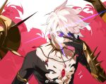  1boy aokiku armor bishounen blue_eyes cape chest_jewel chinese_commentary earrings fate/grand_order fate_(series) fur_collar glasses highres jewelry karna_(fate) looking_at_viewer male_focus pale_skin solo weibo_logo weibo_username white_hair 