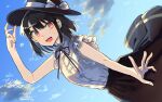  1girl bangs black_hair black_headwear black_ribbon black_skirt bow buttons cloud cloudy_sky collared_shirt commentary_request commission fedora frilled_sleeves frills hand_on_headwear happy hat hat_bow highres long_skirt looking_at_viewer open_mouth outdoors red_eyes ribbon shirt short_hair short_sleeves skeb_commission skirt sky touhou usami_renko wadante white_bow white_ribbon white_shirt 