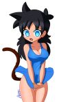  1girl aviyne black_hair blue_dress blue_eyes breasts cleavage dragon_ball dragon_ball_xenoverse dress embarrassed gold_bracelet highres holding holding_clothes holding_dress long_hair messy_hair monkey_tail open_mouth panties saiyan signature tail underwear white_panties wind 