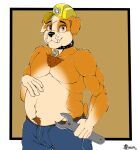  2021 anthro belly belt bottomwear bulldog canid canine canis chest_tuft chubby_anthro chubby_male clothing collar domestic_dog fangs hand_on_stomach hat headgear headwear holding_object holding_tool holding_wrench looking_at_viewer male mammal marcushunter mastiff molosser musclegut muscular navel overweight overweight_anthro overweight_male pants paw_patrol rubble_(paw_patrol) shirtless shirtless_male slightly_chubby solo tools tuft wrench 