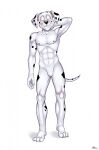  2022 4_toes 5_fingers abs anthro blush canid canine canis claws clenched_teeth dalmatian domestic_dog eyes_closed fangs feet fingers fur hand_behind_head hi_res jimfoxx male mammal marshall_(paw_patrol) navel nervous_smile nipples nude paw_patrol smile solo spots spotted_body spotted_fur standing teeth toes 