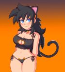  1girl animal_ears arms_behind_back bell black_hair blue_eyes blush cat_ears cat_lingerie cat_tail chemical_bro choker commission commissioner_upload dragon_ball dragon_ball_xenoverse english_commentary highres long_hair meme_attire messy_hair monkey_tail original saiyan tail 