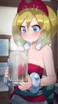  1girl bare_shoulders blonde_hair blue_eyes blush breasts breath closed_mouth collarbone cum cum_on_body cum_string cup drinking drooling gokkun hair_ornament highres holding holding_cup irida_(pokemon) kashu_(hizake) looking_at_object looking_down mug pokemon pokemon_(game) pokemon_legends:_arceus red_shirt saliva shirt short_hair small_breasts solo steam strapless sweat sweatdrop tube_top upper_body wrist_cuffs 