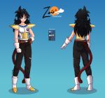  1girl absurdres azumi212 belt black_hair black_pants blue_eyes boots brown_belt character_sheet commission commissioner_upload dragon_ball dragon_ball_xenoverse english_commentary highres holstered_weapon long_hair messy_hair monkey_tail original pants pouch saiyan saiyan_armor second-party_source tail 