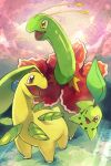  :d animal animal_focus bayleef chikorita commentary evolution flower gara_(qbeuxvii22) highres leaf looking_at_another meganium no_humans open_mouth outdoors pokemon pokemon_(creature) red_eyes smile sunlight tongue yellow_eyes 