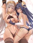  2girls abs armlet armpits ass back backless_outfit bangs bare_shoulders bikini black_bikini black_gloves black_hair black_legwear blue_eyes blush breasts chain cleavage commentary_request crown cuffs dark-skinned_female dark_skin earrings egyptian_clothes elbow_gloves fate/grand_order fate_(series) gloves gold_trim grey_hair hair_ornament highleg highleg_bikini highres jewelry large_breasts layered_gloves long_hair looking_at_viewer multiple_girls navel neck_ring neneru nephtim_(world_flipper) open_mouth orange_eyes revision size_difference small_breasts swimsuit thighhighs thighs white_gloves world_flipper yuri zenobia_(fate) 