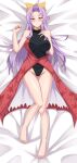  1girl absurdres bare_shoulders barefoot blush breasts breasts_apart collarbone commentary_request dakimakura_(medium) dress frown highres large_breasts leotard long_hair looking_at_viewer lying on_back pink_eyes purple_hair red_dress solo touhou very_long_hair watatsuki_no_yorihime wuwusan 