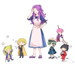  3boys 3girls adams_(toh) apron black_hair blonde_hair blue_eyes blue_hair chibi child closed_eyes crayon_(toh) dress green_hair highres kimon_noroi looking_at_another mira_(toh) multiple_boys multiple_girls nabob nanashi_(toh) pale_skin pink_hair purple_hair red_eyes roland_(toh) sandals sigh tower_of_hanoi white_background yellow_eyes 