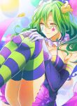  1girl absurdres breasts crayon_(toh) dress facial_mark gloves green_hair hat highres jester jester_cap large_breasts long_hair looking_to_the_side marking_on_cheek multicolored_background multicolored_clothes pale_skin star_(symbol) striped striped_legwear teardrop_facial_mark teardrop_tattoo thighs tower_of_hanoi wavy_hair yellow_eyes zinseihamoe 