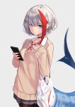  1girl admiral_graf_spee_(azur_lane) alternate_costume azur_lane bag cellphone grey_background gyaru hair_ornament looking_at_viewer multicolored_hair nail_polish necktie pantyhose phone plastic_bag red_nails school_uniform schreibe_shura simple_background skirt smartphone streaked_hair sweater 