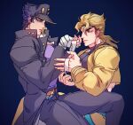  2boys backless_leotard bandaged_hand bandages black_hair blue_eyes chain cropped_jacket dio_brando gakuran hat jacket jojo_no_kimyou_na_bouken kujo_jotaro large_pectorals less_end long_coat male_focus multiple_boys muscular muscular_male pectorals school_uniform stardust_crusaders yellow_jacket 