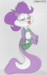  absurd_res anthro balancing_on_tail bottomwear clothing female fifi_la_fume fur grey_background hair hi_res holding_feet looking_at_viewer mammal mephitid purple_body purple_fur purple_hair simple_background skirt skunk solo tiny_toon_adventures tongue tongue_out unbakable warner_brothers white_body white_fur 