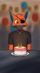  anthro balloon birthday birthday_cake black_clothing blue_body blue_fur blurred_background bodily_fluids cake candle canid canine clothing collar crying dessert eye_patch eyewear food fox fur hengist_(artist) hi_res inflatable male mammal orange_body orange_fur party pendant shirt slim smile solo solo_focus t-shirt tears tears_of_joy teenager topwear yellow_eyes young 