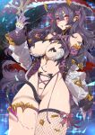  1girl bow breasts clothing_request commentary covered_nipples demon_horns gem gloves hair_bow horns jewelry large_breasts looking_at_viewer open_mouth original purple_eyes purple_hair scythe sparkle star_(sky) tajima_ryuushi thick_thighs thighs weapon weapon_request 
