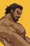  1boy arcane:_league_of_legends bangs bara beard brown_hair closed_eyes collarbone facial_hair jimsdaydreams league_of_legends muscular muscular_male nipples nude parted_lips pectorals profile simple_background solo teeth upper_body vander_(arcane) 