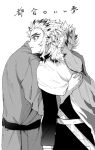  2boys alternate_universe cape colored_tips cowboy_shot father_and_son flame_print from_side greyscale hand_in_hair hand_on_another&#039;s_back hand_on_another&#039;s_head head_on_another&#039;s_shoulder highres hug japanese_clothes kimetsu_no_yaiba kimono long_hair long_sleeves maki_keigo male_focus monochrome multicolored_hair multiple_boys profile rengoku_kyoujurou rengoku_shinjurou sash short_hair sidelocks simple_background standing surprised sword weapon 