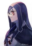  1boy absurdres blue_hair chest_tattoo cu_chulainn_(fate) cu_chulainn_alter_(fate/grand_order) detached_hood facial_mark fate/grand_order fate_(series) from_side glasses hair_over_shoulder hair_strand highres hood long_hair looking_away male_focus moto_u_toe_say profile simple_background solo tattoo twitter_username upper_body white_background 