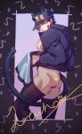 1boy animal_ears ass black_hair cat_ears cat_tail chain coat_lift hat highres jojo_no_kimyou_na_bouken kemonomimi_mode kujo_jotaro less_end lipstick_mark long_coat male_focus muscular muscular_male nipples pectorals reverse_outfit sidepec solo stardust_crusaders tail thighhighs 