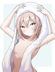  1girl armpits arms_up blue_background blush breasts brown_eyes brown_hair collarbone commentary_request eyebrows_visible_through_hair hair_between_eyes highres inui_sajuna navel nude otakummm small_breasts solo sono_bisque_doll_wa_koi_wo_suru towel towel_on_head two-tone_background wet white_background 
