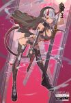  1girl boots breasts cleavage clothing_request commentary commentary_request demon_girl demon_tail earphones english_text gloves grey_hair gun holding holding_weapon horns large_breasts leaning_forward looking_at_viewer orange_eyes original pink_background pointy_ears red_horns smile sword tail tajima_ryuushi tattoo teeth thigh_boots thighhighs weapon weapon_request 