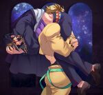  2boys backless_leotard black_hair blonde_hair blood blood_on_face blue_eyes carrying chain cropped_jacket dio_brando fireman&#039;s_carry gakuran hat highres jacket jojo_no_kimyou_na_bouken kujo_jotaro less_end male_focus multiple_boys school_uniform stardust_crusaders yellow_jacket 