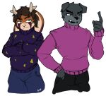  angry antlers bottomwear canid canine canis clothing crossed_arms dep fangs goon_(goonie_san) hi_res horn jackalope lagomorph looking_at_viewer mammal pants raddes_(dep) star sweaters wolf 