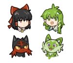  2girls 2others animal_ears bangs black_hair black_skin bow cat_ears closed_mouth collared_shirt colored_skin commentary_request crossover eyes_visible_through_hair frog_hair_ornament green_eyes green_hair green_skin hair_between_eyes hair_ornament hair_tubes hakurei_reimu haojbleng kochiya_sanae litten long_hair looking_at_another looking_to_the_side multiple_girls multiple_others necktie open_mouth pokemon purple_eyes red_bow red_eyes red_skin shirt short_hair simple_background smile snake_hair_ornament sprigatito touhou upper_body white_background white_shirt yellow_necktie 