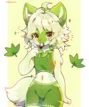  1girl :3 ahoge animal_ears animal_hands animal_nose arm_at_side artist_name bangs bare_shoulders bike_shorts blush body_fur brown_eyes cat_ears closed_mouth cowboy_shot crop_top drawstring flat_chest fox_tail furry furry_female green_fur green_hair green_shirt green_shorts green_theme hair_tie hair_tie_in_mouth hand_up happy highres jpeg_artifacts leaf looking_at_viewer medium_hair methynecros midriff mouth_hold navel notice_lines outline outside_border personification pillarboxed pocket pokemon pokemon_(creature) shiny shiny_hair shirt shorts sidelocks simple_background sleeveless sleeveless_shirt smile solo sparkle sprigatito standing stomach symbol-only_commentary tail watermark white_fur yellow_background 