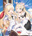  2girls albacore_(a_catty_surprise!)_(azur_lane) albacore_(azur_lane) animal_ears apron azur_lane black_dress black_hairband blonde_hair blue_dress blue_eyes blue_sky cat_girl chair cloud collar crown dress fang frilled_dress frilled_hairband frills gloves green_eyes hairband highres maid maid_apron mini_crown multiple_girls nishigotanda3 official_alternate_costume one_eye_closed open_mouth paw_pose queen_elizabeth_(azur_lane) queen_elizabeth_(yes_your_maidness!)_(azur_lane) red_collar sitting sky thighhighs tongue tongue_out white_apron white_gloves white_legwear window wrist_cuffs 