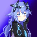  1girl bangs blue_eyes blush bodysuit breasts commentary_request embarrassed eyebrows_visible_through_hair hair_between_eyes headgear highres long_hair looking_at_viewer neptune_(series) next_purple power_symbol purple_hair skin_tight solo symbol-shaped_pupils upper_body user_htzz7884 