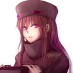  1girl ander_(at2.) at2. brown_hair close-up ears enderman expressionless eyebrows_visible_through_hair highres lips long_hair long_sleeves looking_at_viewer minecraft original personification purple_eyes solo upper_body 