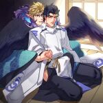  2boys alternate_costume black_hair blue_eyes dio_brando highres holding_hands japanese_clothes jojo_no_kimyou_na_bouken kariginu kujo_jotaro less_end long_hair male_focus multiple_boys pointy_ears purple_hair seigaiha stardust_crusaders tatami wings yaoi 