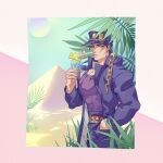  1boy black_hair blue_eyes cocktail_glass cup desert drinking drinking_glass drinking_straw gakuran hand_in_pocket hat highres jojo_no_kimyou_na_bouken kujo_jotaro large_pectorals less_end male_focus muscular muscular_male palm_tree pectorals pyramid school_uniform shirt sky solo stardust_crusaders sun tight tight_shirt tree 