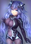  1girl artist_name blue_eyes blush bodysuit breasts closed_mouth commentary_request covered_navel cowboy_shot hair_between_eyes headgear large_breasts long_hair looking_at_viewer neptune_(series) next_purple power_symbol purple_hair skin_tight solo suterisu symbol-shaped_pupils very_long_hair 