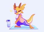  anthro blue_eyes bodily_fluids celebi-yoshi clothed clothing female flat_chested hi_res horn kobold kurindai_(downhillcarver) one_eye_closed orange_body orange_scales scales simple_background solo sweat towel towel_on_shoulder water_bottle workout_clothing yellow_body yellow_scales yoga_mat 