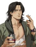  1boy absurdres alcohol character_request cigarette copyright_request cup drinking_glass dudlesnoodles english_commentary facial_hair goblet highres holding looking_at_viewer male_focus short_hair simple_background smoking solo tagme watch white_background wine wine_glass wristwatch 