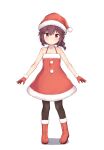  1girl bangs bare_shoulders black_legwear blush boots brown_hair christmas dress eyebrows_visible_through_hair full_body fur-trimmed_dress fur_trim gloves hat highres kuramoto_takato looking_at_viewer machikado_mazoku medium_dress medium_hair pantyhose purple_eyes red_dress red_footwear red_gloves red_headwear santa_boots santa_dress santa_gloves santa_hat simple_background solo standing white_background yoshida_ryouko 