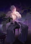  1boy abs absurdres armlet blurry bonsai chair depth_of_field earrings facial_mark green_nails hair_down hakama hands_up highres indoors interlocked_fingers japanese_clothes jewelry kimetsu_no_yaiba long_sleeves looking_at_viewer male_focus medium_hair multicolored_nails multiple_earrings nail_polish navel open_clothes open_shirt own_hands_together pleated_pants purple_eyes red_nails sash see-through shirt sitting smile solo stool sunlight tabit tatami toned toned_male uzui_tengen wallpaper_(object) white_hair white_legwear white_shirt zm-panda- zouri 