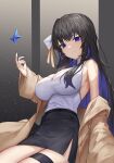  1girl :3 absurdres armpits bangs bare_shoulders black_hair black_skirt blue_eyes blue_hair blue_nails breasts brown_coat cleavage coat commentary_request commission cowboy_shot hair_over_breasts hair_over_one_breast hair_ribbon hand_up highres large_breasts long_hair long_sleeves looking_at_viewer multicolored_hair off_shoulder original pencil_skirt purple_eyes purple_hair ribbon sitting skirt solo sparkle star_(symbol) streaked_hair thigh_strap thighs two-tone_hair wavy_mouth wide_sleeves yukaring1 