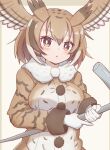  1girl black_hair blush breasts brown_background brown_eyes brown_hair brown_jacket brown_wings commentary_request eurasian_eagle_owl_(kemono_friends) feathered_wings fur-trimmed_jacket fur_trim gloves head_wings highres holding jacket kemono_friends long_sleeves looking_at_viewer medium_breasts multicolored_hair parted_lips solo sunanuko_(ramuneko) two-tone_background two-tone_hair upper_body white_gloves white_hair wings 