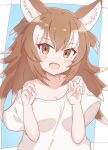  1girl :d animal_ear_fluff animal_ears blue_background blush breasts brown_eyes brown_hair cleavage collarbone commentary_request fang gradient_hair hands_up highres japanese_wolf_(kemono_friends) kemono_friends long_hair looking_at_viewer multicolored_hair off_shoulder shirt short_sleeves small_breasts smile solo sunanuko_(ramuneko) two-tone_background white_background white_hair white_shirt wide_sleeves wolf_ears 