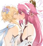  2girls animal_ears bare_shoulders blonde_hair blush breasts closed_eyes detached_sleeves electricity flower fox_ears fox_girl genshin_impact hair_flower hair_ornament hand_on_another&#039;s_shoulder highres japanese_clothes kiss long_hair lumine_(genshin_impact) miko multiple_girls pink_hair purple_eyes scarf shiben_(ugvu5784) simple_background upper_body vambraces white_background white_scarf yae_miko yuri 