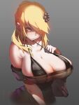  1girl at2. bare_shoulders blonde_hair breasts cleavage closed_mouth eyebrows_visible_through_hair eyes_visible_through_hair gradient gradient_background hair_ornament hand_up headgear highres huge_breasts long_hair looking_at_viewer looking_away looking_to_the_side no_bra no_pupils original ponytail pursed_lips solo upper_body yellow_eyes 