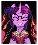  absurd_res book candle candlestick equid equine erzhuxa eyes_closed eyewear fanzeem female friendship_is_magic fur glasses hair hasbro hi_res hooves horn mammal my_little_pony portrait purple_body purple_fur purple_hair smile solo twilight_sparkle_(mlp) unicorn 