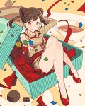  1girl bare_legs beige_jacket beige_shorts brown_eyes brown_hair chocolate commentary_request confetti double_bun giving highres idolmaster idolmaster_shiny_colors kakuzato knees_up looking_at_viewer red_footwear short_twintails sitting solo sonoda_chiyoko thighs twintails 